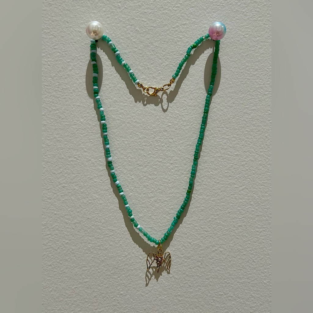 Handmade- Chic Green Beaded Necklace With Golden Angel Charm